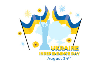 An illustration celebrating Ukraine's Independence Day on August 24 with flags, sunflowers, and a monument symbolizing freedom and national pride.