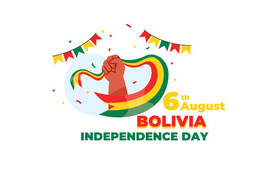 A vibrant illustration celebrating Bolivia's Independence Day on August 6th, featuring a raised fist and colorful festive elements. - Powered by Adobe