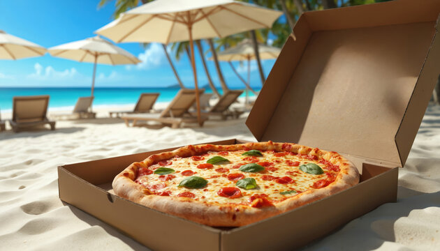 Delicious pepperoni pizza in delivery box rests on sandy beach. In background, lounge chairs, umbrellas dot shoreline under bright blue summer sky with ocean views. Scene evokes perfect day of