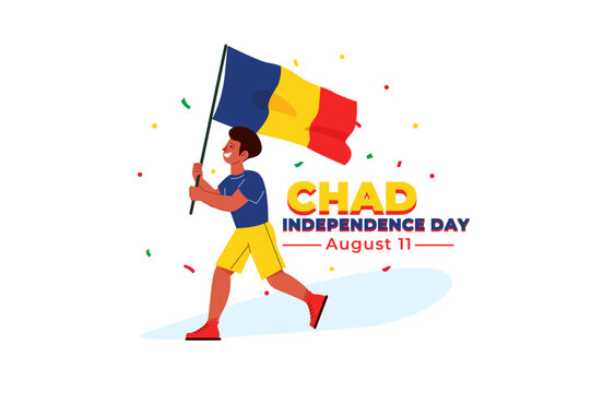 A young African boy is joyfully waving the flag of Chad while celebrating Independence Day on August 11, colorful confetti around him.