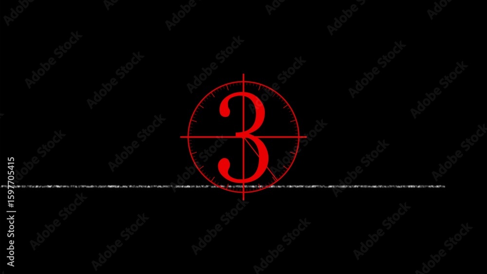 Poster glowing red number three with glitch effect and horizontal line on black background symbolizing coun