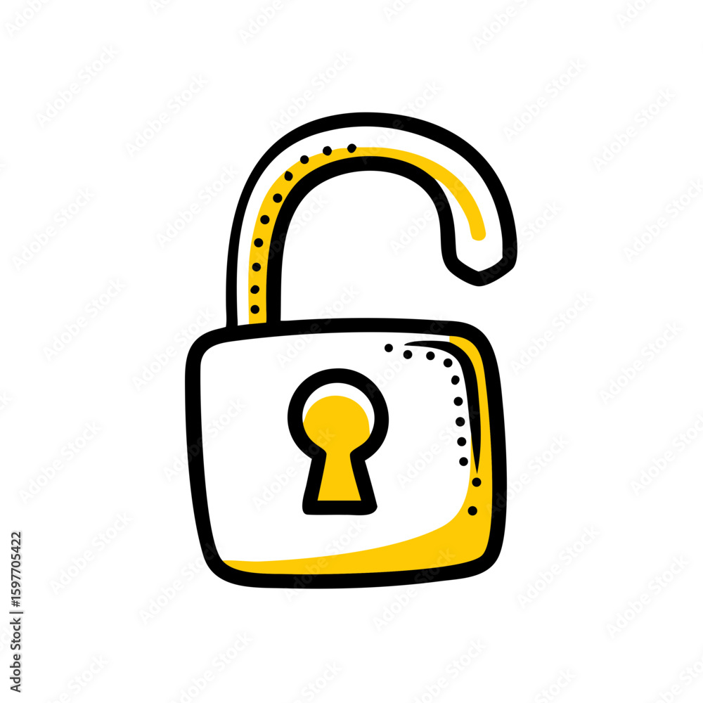 Poster a doodle-style icon of an open padlock, useful for websites or applications to represent security, a