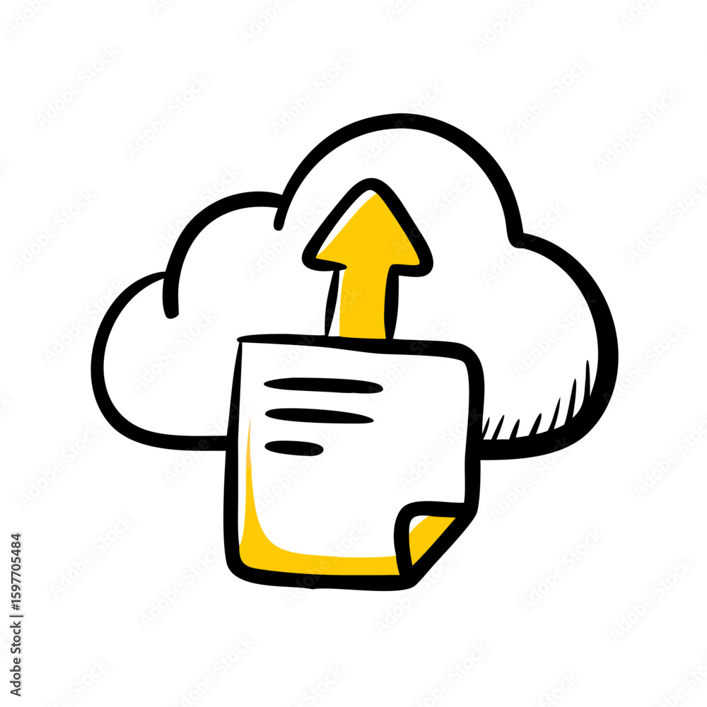 Poster this doodle-style icon depicts a document uploading to a cloud, suitable for websites or blogs about