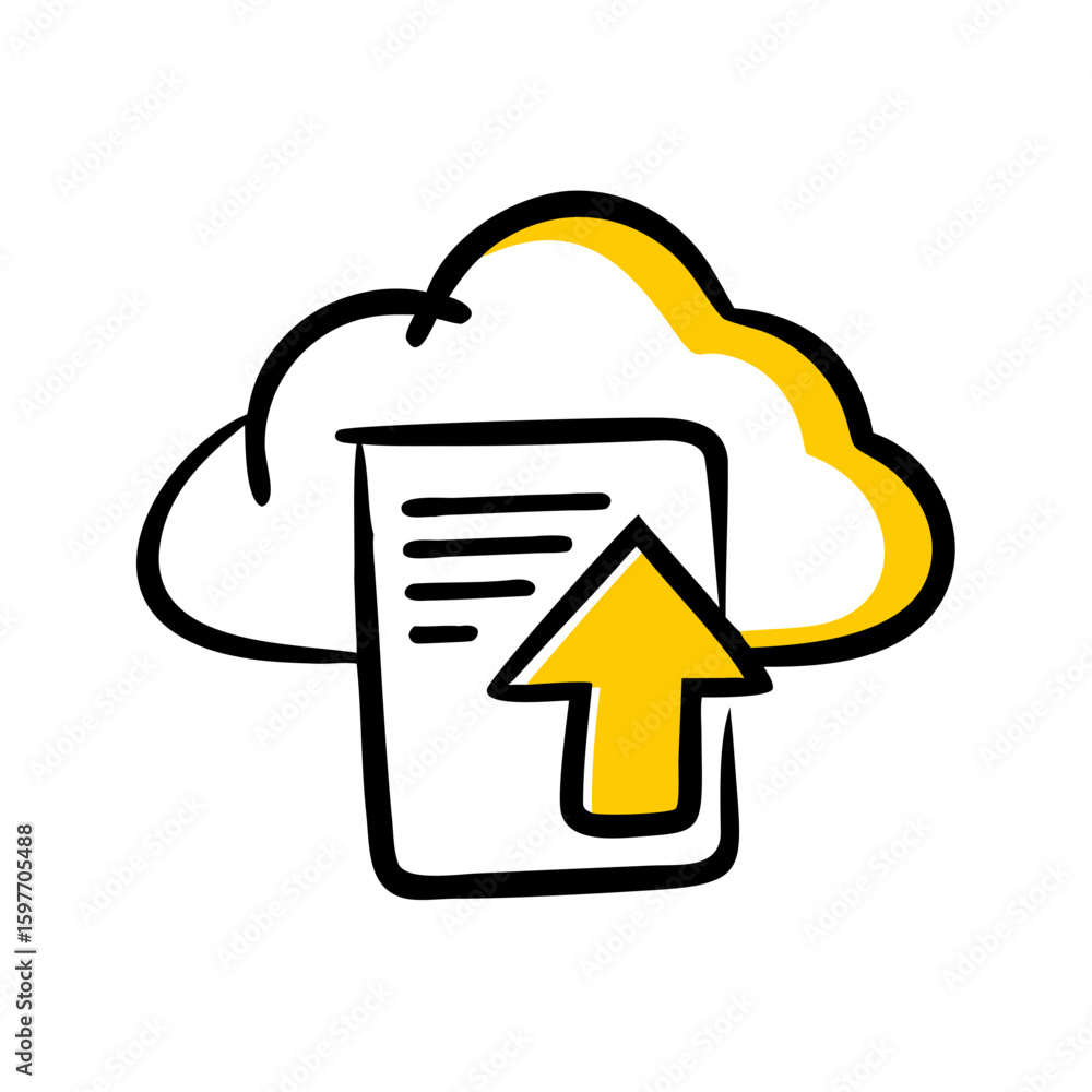 Poster this doodle-style icon depicts a document uploading to a cloud, suitable for websites or blogs about