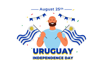 A joyful individual of South American descent holds two flags, celebrating Uruguay's Independence Day on August 25th with festive decorations.