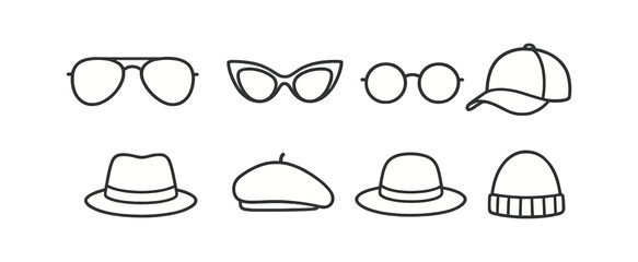 Fashion accessories icon set. stylish hats and glasses in outline style