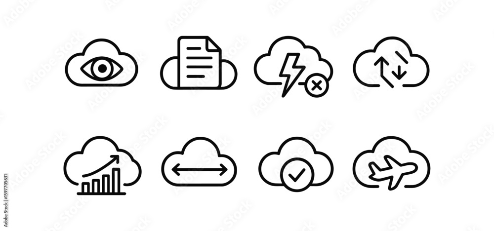 Aufkleber cloud computing linear icon set: web, network, data management outline collection