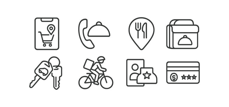 Food delivery line icon set. restaurant, order, bike, payment icons linear collection