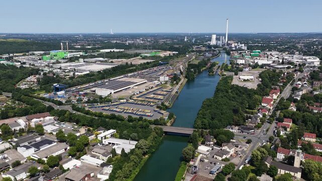 Drone view of STEAG Heizkraftwerk Herne and industrial zone near Rhein-Herne Canal in Herne, Germany