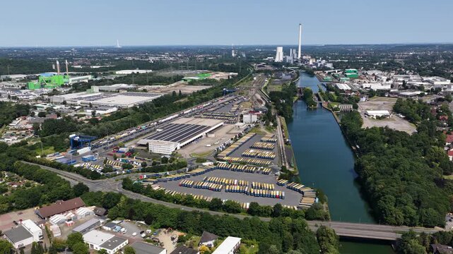 Drone view of STEAG Heizkraftwerk Herne and industrial zone near Rhein-Herne Canal in Herne, Germany