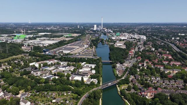 Drone view of STEAG Heizkraftwerk Herne and industrial zone near Rhein-Herne Canal in Herne, Germany