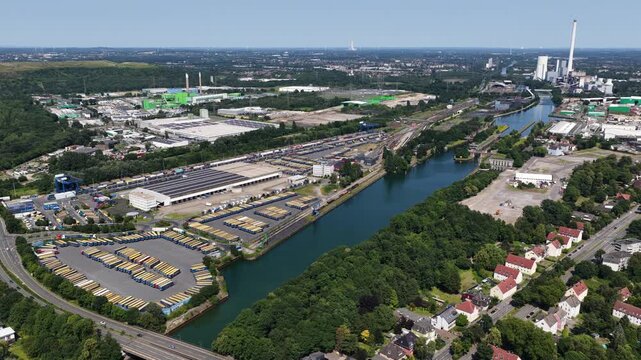 Drone view of STEAG Heizkraftwerk Herne and industrial zone near Rhein-Herne Canal in Herne, Germany