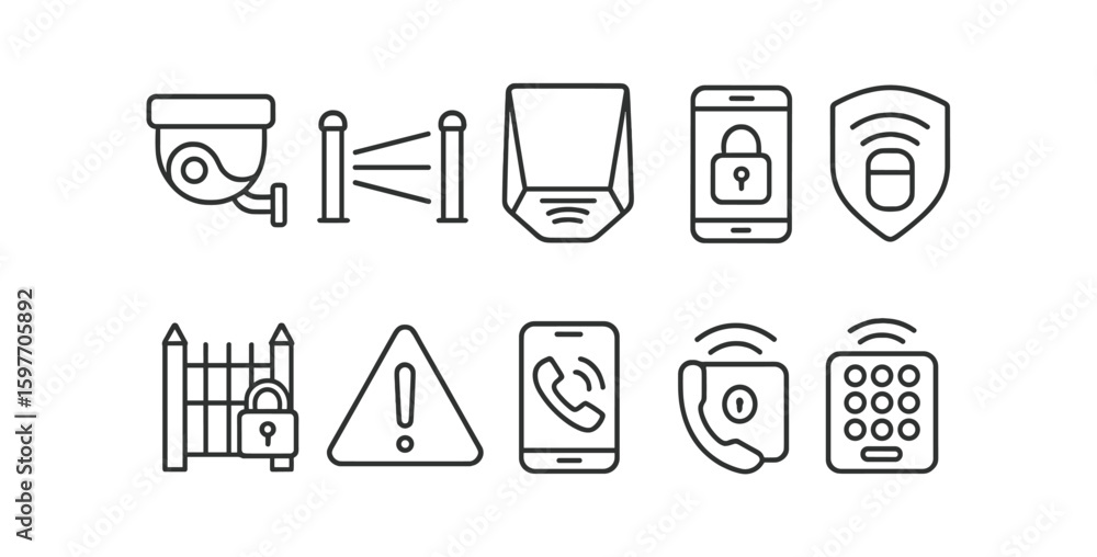 Poster security and monitoring line icon set: surveillance, alarm, access control icons