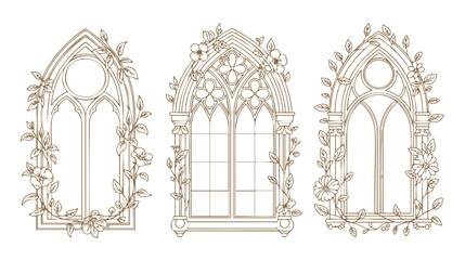 Floral gothic window frame vector art, vintage architectural design element, detailed line drawing, sketch illustration  © Kasasagi