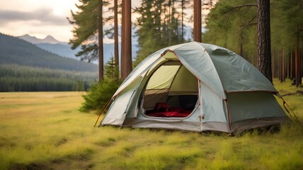 Tranquil Camping Tent in a Lush Forest Meadow