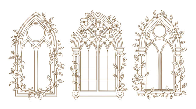 Floral gothic window frame vector art, vintage architectural design element, detailed line drawing, sketch illustration 