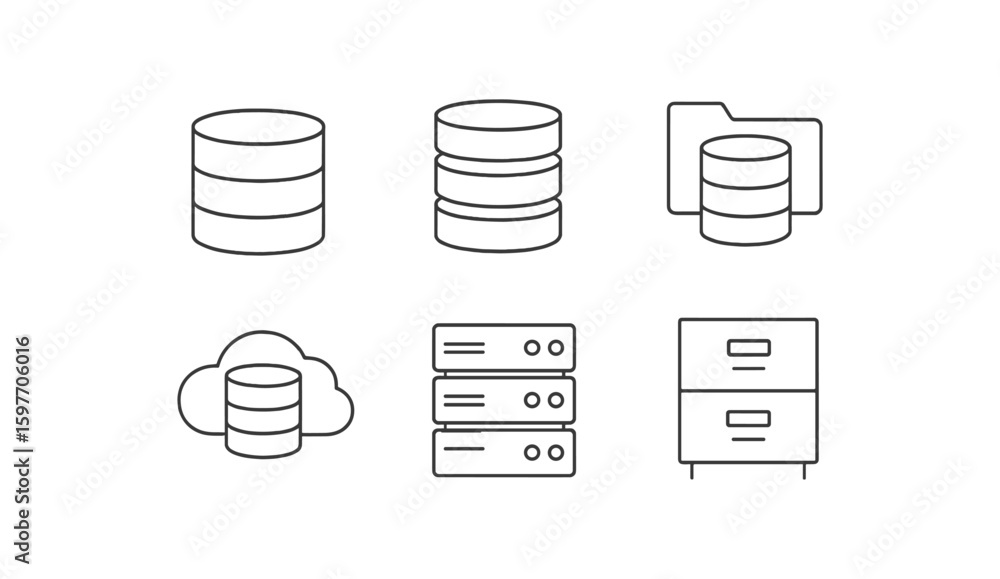 Poster database management line icon set. server, cloud storage, network outline graphics