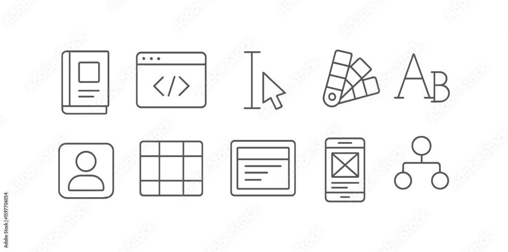 Poster web development line icon set. coding, ui, layout, interface, design, flat, outline icons