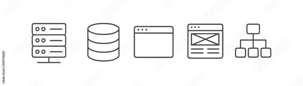 Poster data management line icon set. database, network, and server outline icons collection
