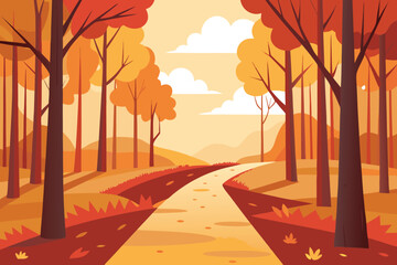 Autumn Forest Road Illustration: Fall Landscape with Trees, Leaves, and Scenic Path