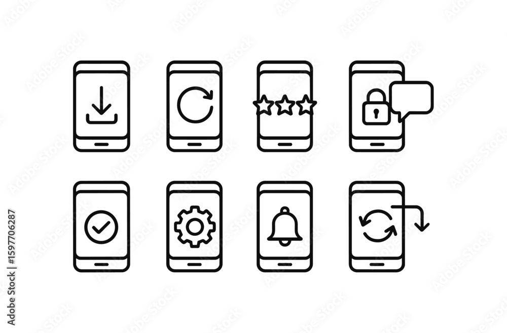 Poster mobile interface line icon set. download, sync, secure app icons in outline style