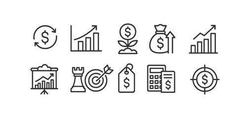 Finance and business line icon set. growth, money, strategy icons outline collection