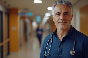 Portrait of confident mature doctor standing in a hospital corridor, with gray hair and a stethoscope, embodying professionalism and expertise in healthcare, Generative AI