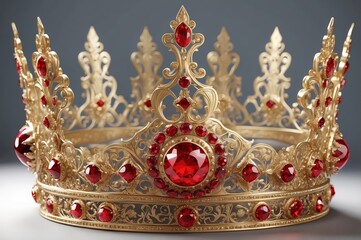 Obraz premium Ornate gold crown adorned with numerous deep red gemstones, intricate filigree detailing, displayed against a neutral gray backdrop