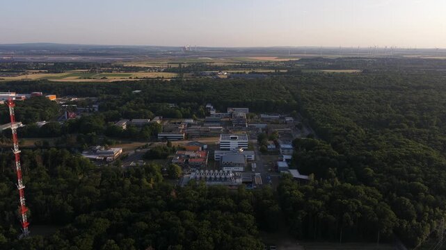 Aerial view of Forschungszentrum Julich interdisciplinary research center surrounded by greenery