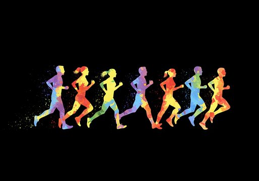 Energetic illustration of runners in colorful silhouette style—great for marathon runner clipart and active-themed visuals.