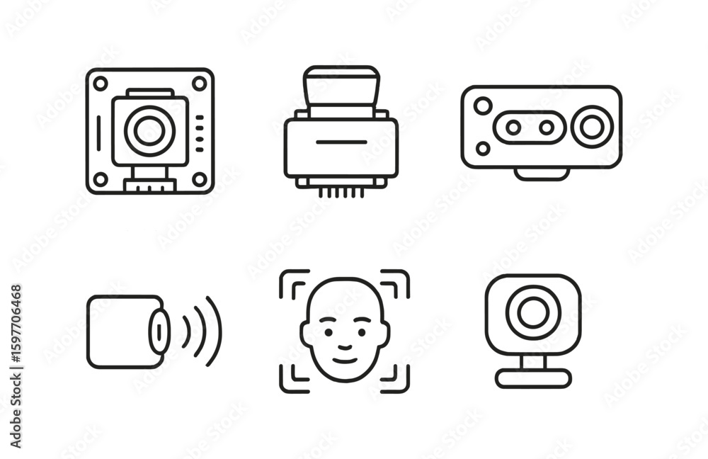 Aufkleber camera and sensor line icon set. modern technology devices collection
