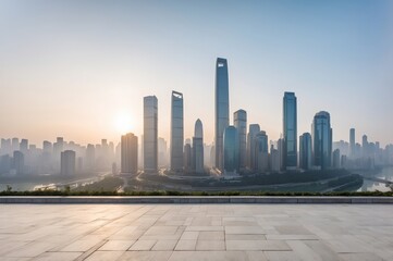 Obraz premium Panoramic sunrise view of a modern city skyline with numerous skyscrapers, seen from an empty plaza. A river or waterway curves around the city's edge