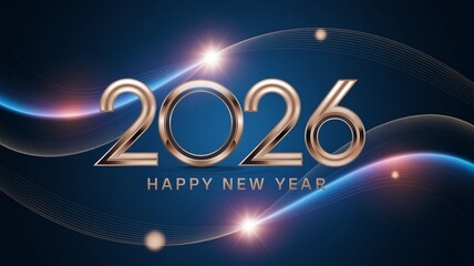 Happy New Year 2026. Greeting new year card, banner with glossy gold numbers on blue background with futuristic shining waves, lines and highlights.