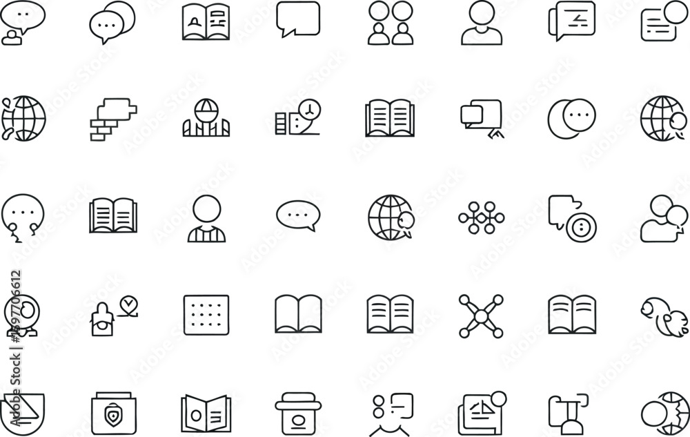 Poster a collection of various outline style icons arranged on a light gray background