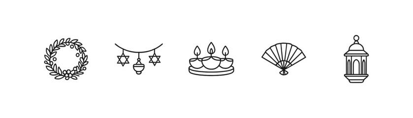 Holiday celebration outline icon set. christmas, hanukkah, diwali, festive decor icons