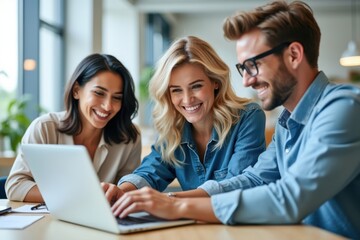 Diverse team collaborating and smiling while working on a laptop