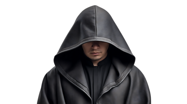 Mysterious figure in a dark hooded cloak isolated on transparent background