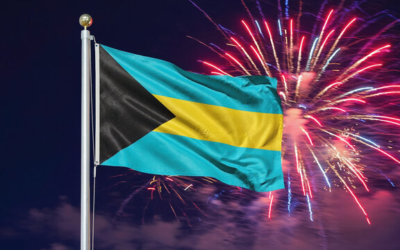 National flag independence state Bahamas, background fireworks. AI Generative