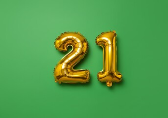 Happy 21st birthday celebration with number balloons on a green background and room for your message.