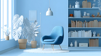 A zoom background photo of a minimalist modern office with a bookshelf and plants