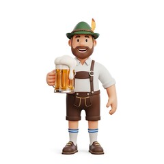 3D rendered cartoon man in traditional German attire holding a beer.