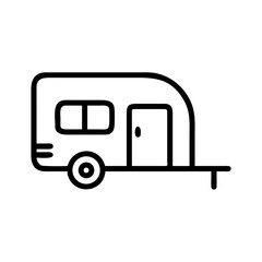 Minimalist black outline vector icon of a camper trailer, symbolizing travel, road trips, and outdoor camping lifestyle. Isolated on a transparent background