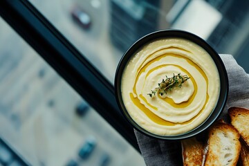 White bean cream with olive oil and thyme.