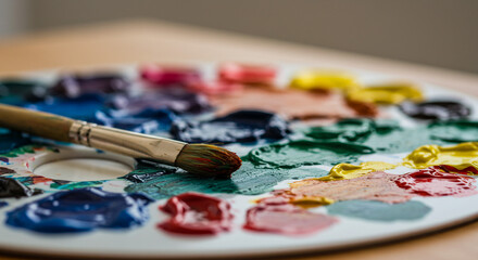 Fototapeta premium Close up of a paintbrush resting on a palette filled with various colors of paint blobs