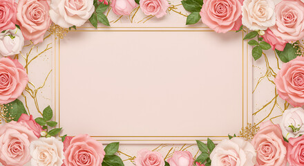 Floral frame with pink roses and blank space for text