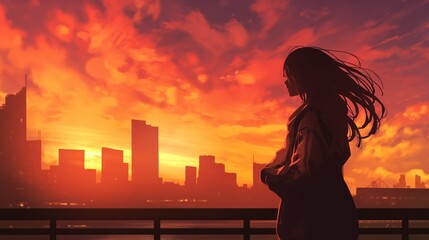 Female person silhouette looking at cityscape view with sunset illustration