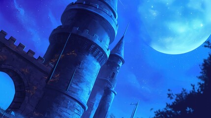 Medieval castle tower with big moon in background illustration
