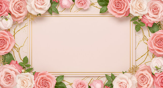Floral frame with pink roses and blank space for text