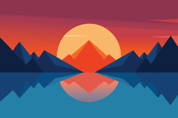 Stylized geometric mountain landscape with a vibrant sunset and lake reflection