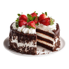 Chocolate cake with strawberries and whipped cream, sliced